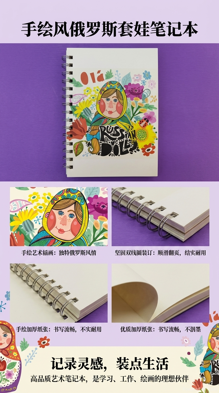 Donghu Paper Products A5 Russian Matryoshka Theme Coil, Ethnic Style flower illustration, Artistic Youth Planner, High appearance Level notebook, Portable Diary book pic 1