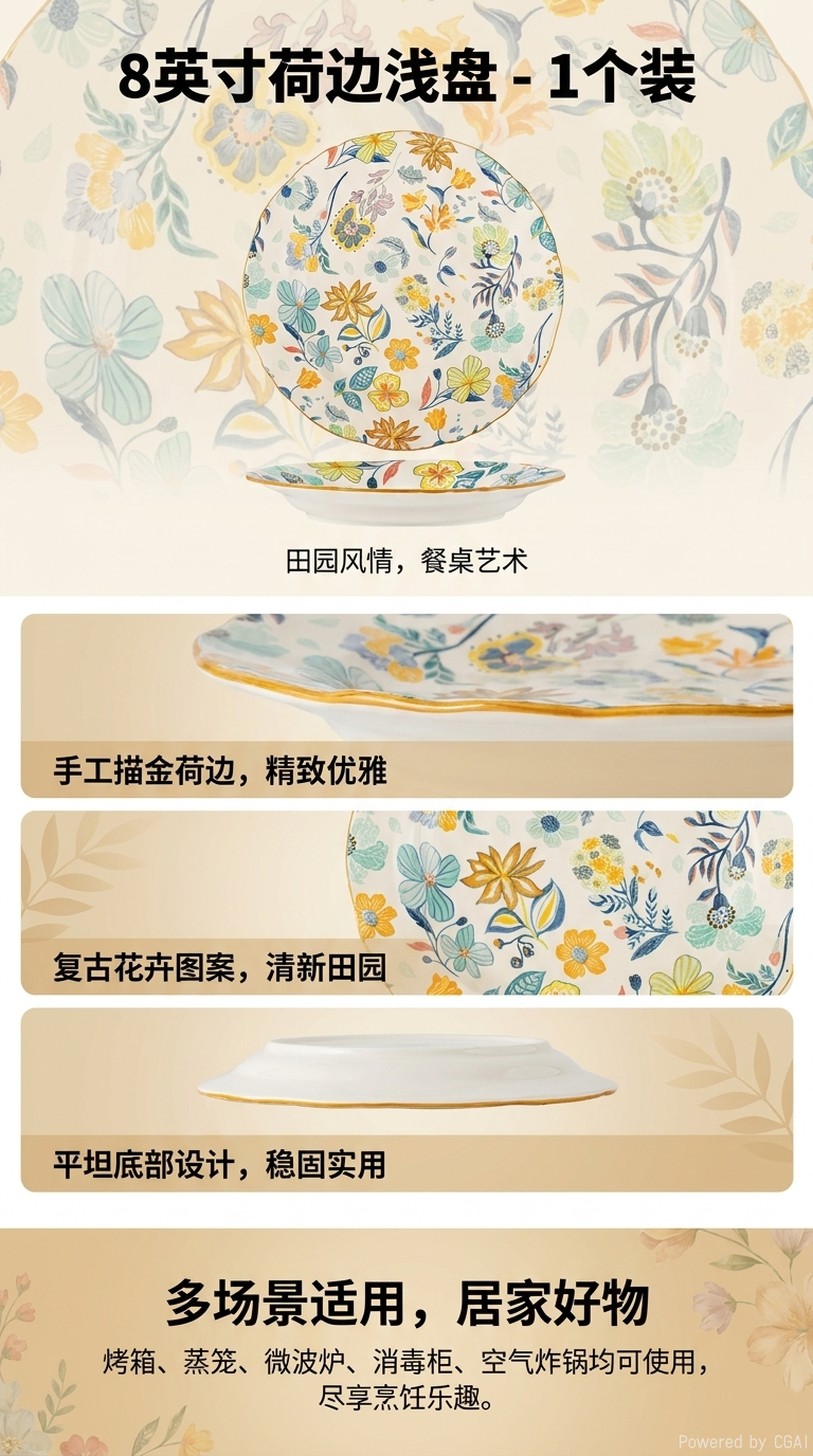 金边盘北欧荷边浅盘8英寸10寸密胺端菜盘1个装平盘盘子详情1