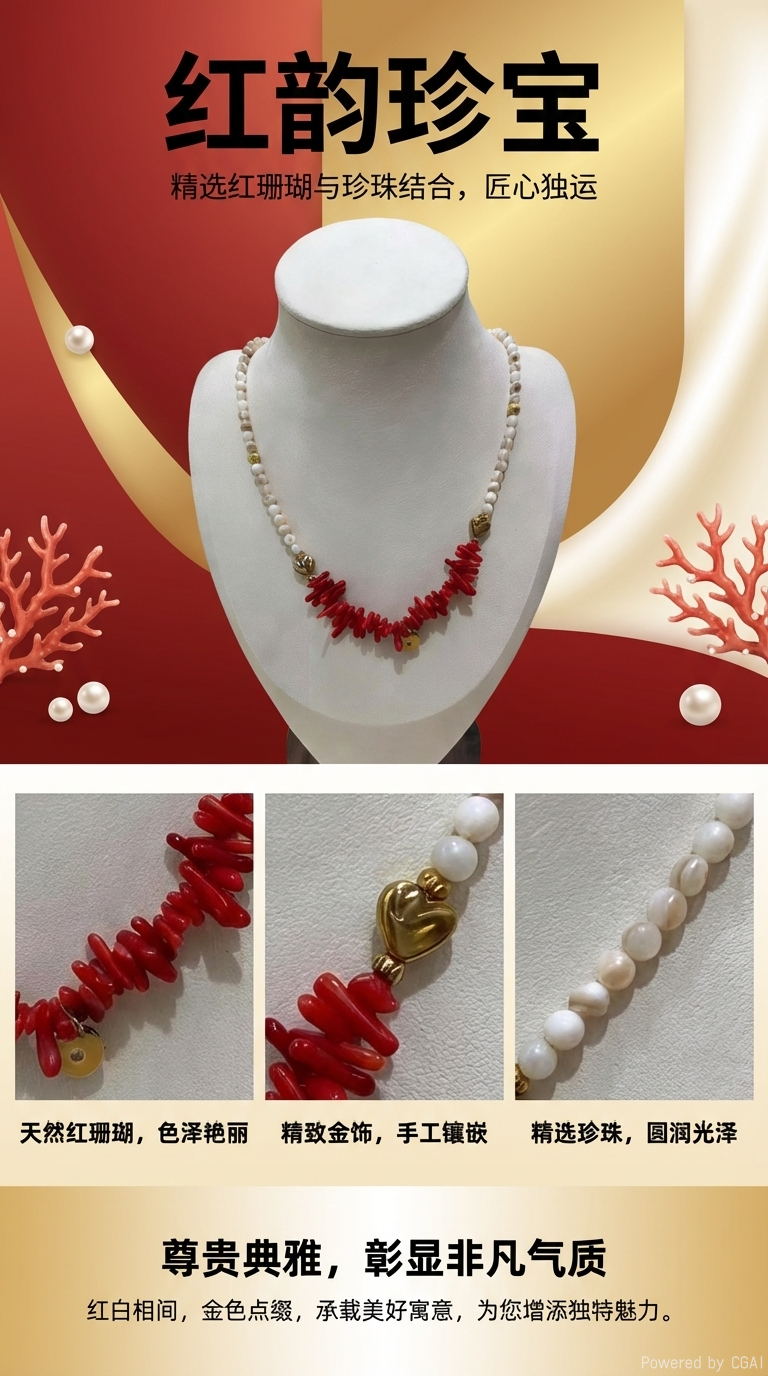 天然红珊瑚枝项链贝珠撞色气质颈链个性设计感轻奢项链详情1