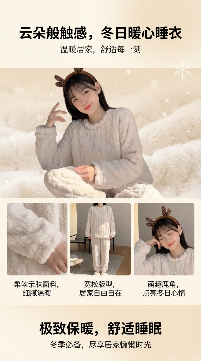 女士法兰绒真丝睡衣家居服舒适透气柔软保暖加厚款120926123详情1
