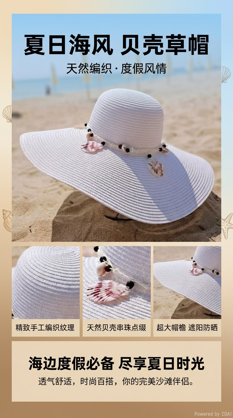 Ladies' summer white wide-brimmed straw hats decorated with shell ornaments, large straw hats, beach hats, sun protection hats and shade hats, seaside vacation and travel, daily outdoor leisure urban style pic 1