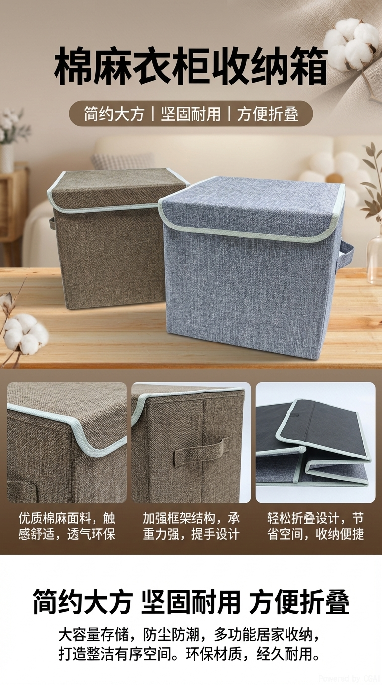 简约大方棉麻布艺可折叠整理收纳箱衣服整理盒家用杂物储物箱详情1