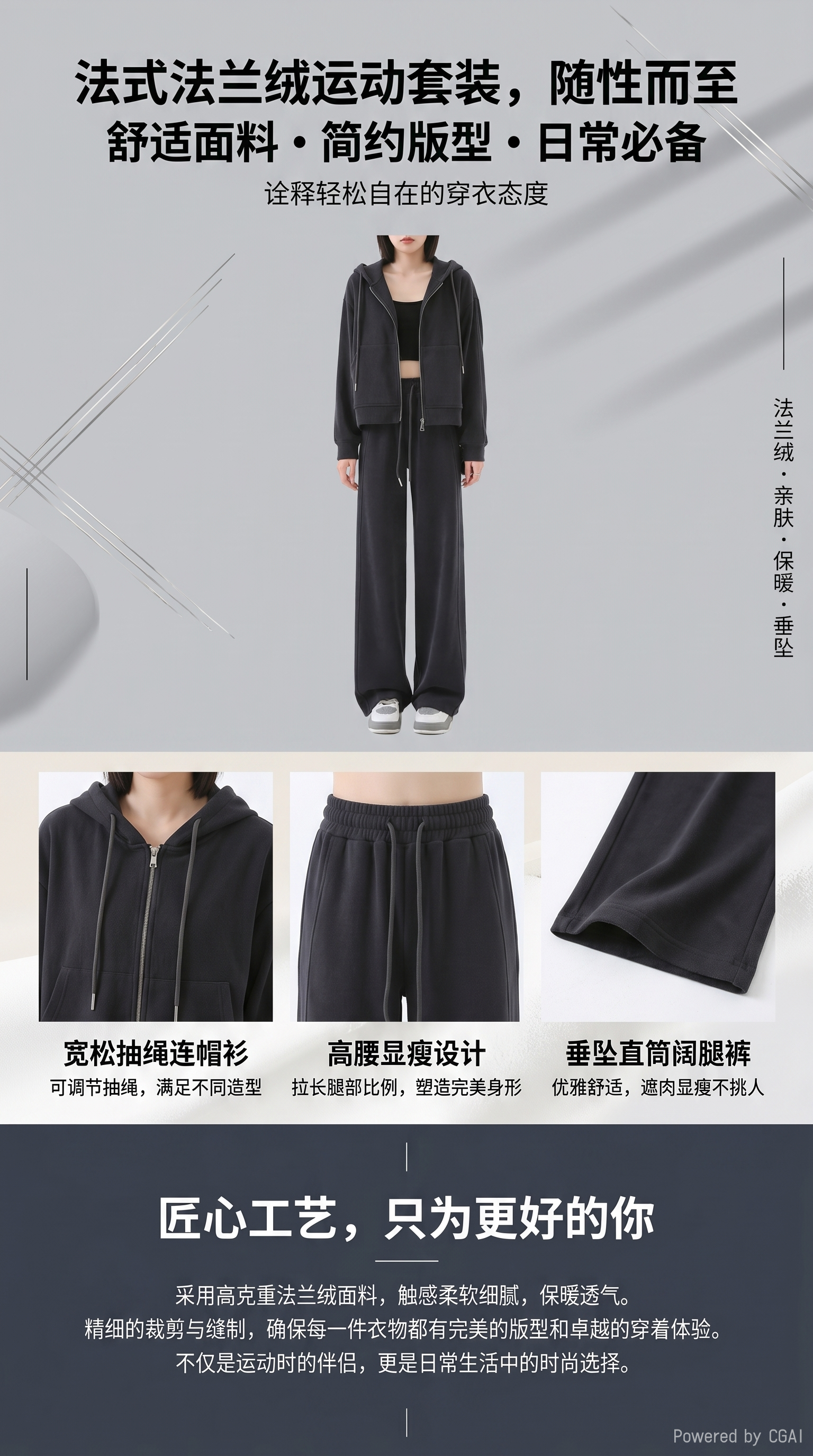华棉黑色宽松运动裤卫裤裤子180g防滑透气修身详情1
