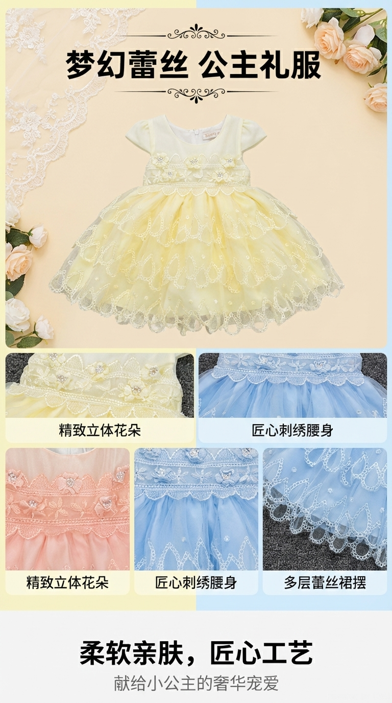 四件套儿童礼服裙黄色蓝色粉色白色蕾丝短袖衣架展示学生礼服详情1