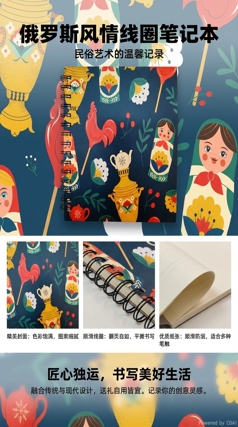 Donghu Paper Products A5 Retro Russian-style matryoshka doll Rooster illustration coil notebook Student Portable Notebook, Artistic Ins-style planner pic 1