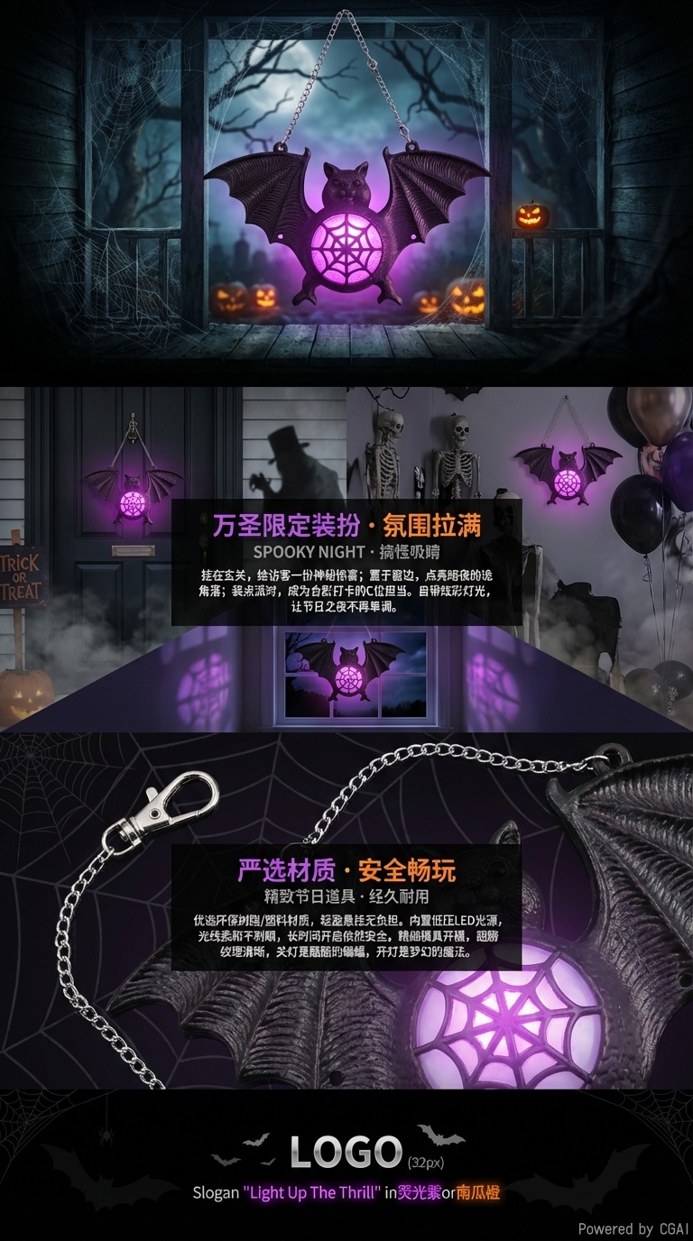 万圣节新款七彩渐变发光塑料蝙蝠灯挂件挂饰鬼节装饰道具详情3