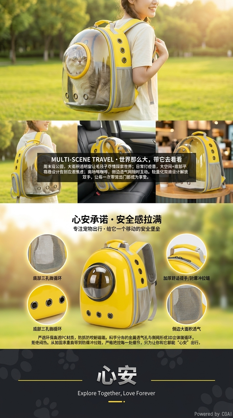 卡通猫狗图案全景透明双肩宠物包透气大容量外出便携手提猫咪背包宠物双肩包详情3