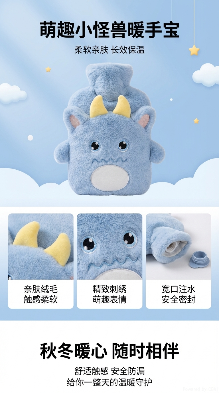 2000ML新款注水式蓝色恐龙热水袋携带方便详情1