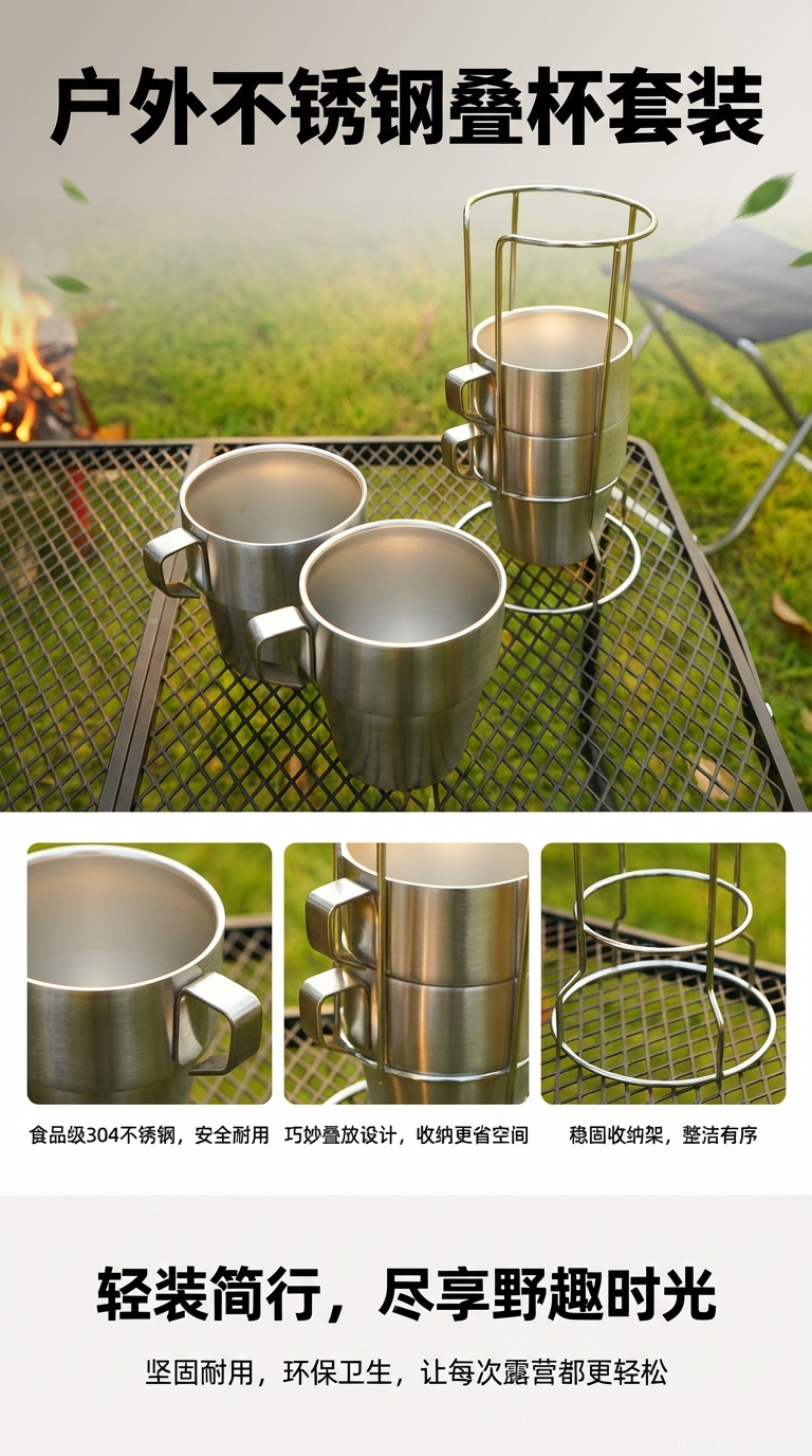 304 stainless steel coffee cup, double-layer handle to prevent scalding hands, milk cup, breakfast cup, stacked storage, drinking cup, cross-border pic 1