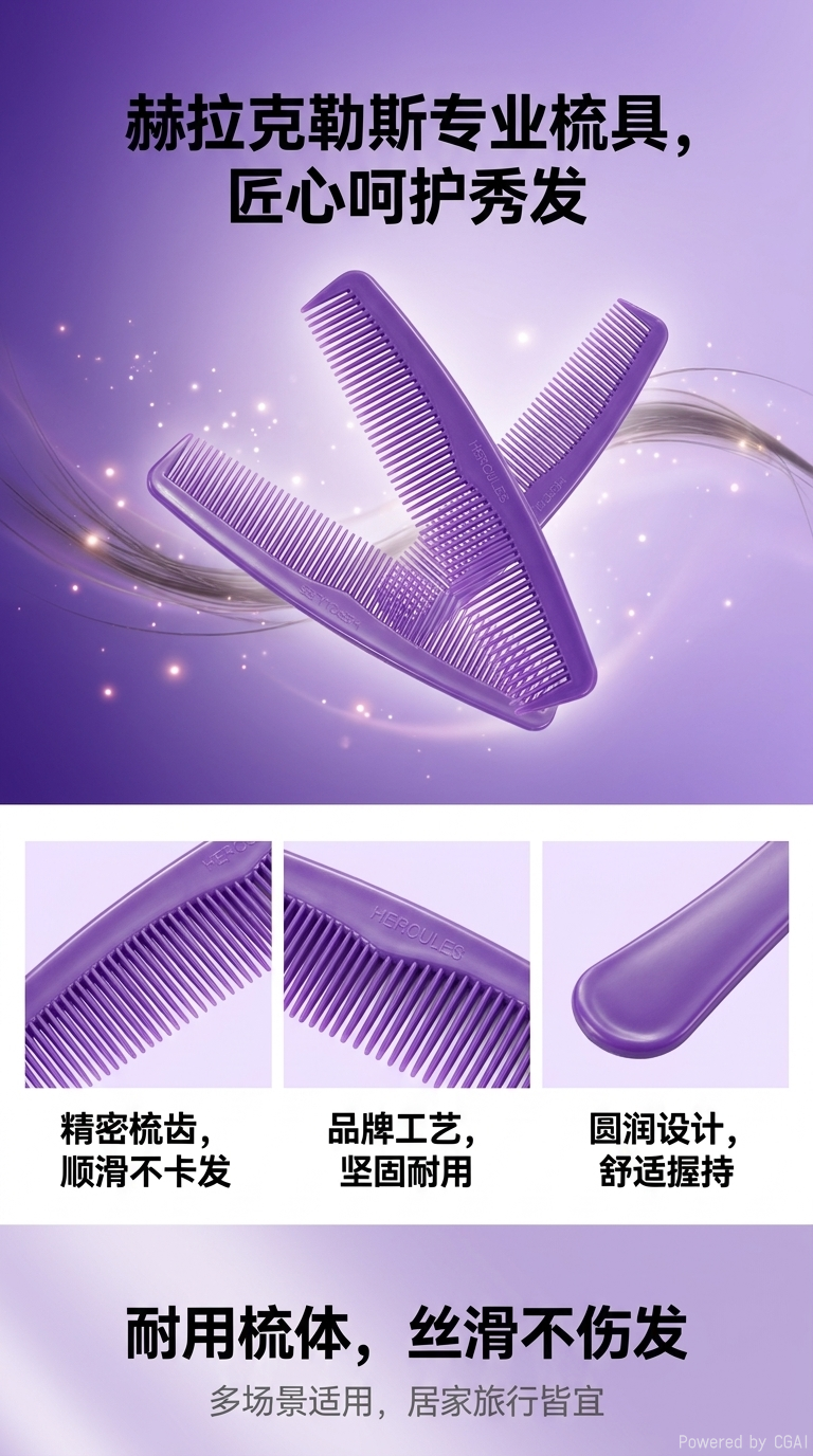 紫色一次性梳子梳子套装便携随身梳齿柔顺防打结详情1
