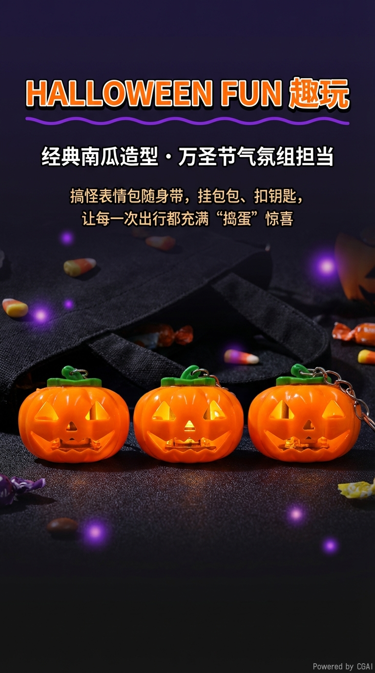 万圣节礼品南瓜灯创意礼品儿童背包配件LED发光钥匙扣挂件详情1