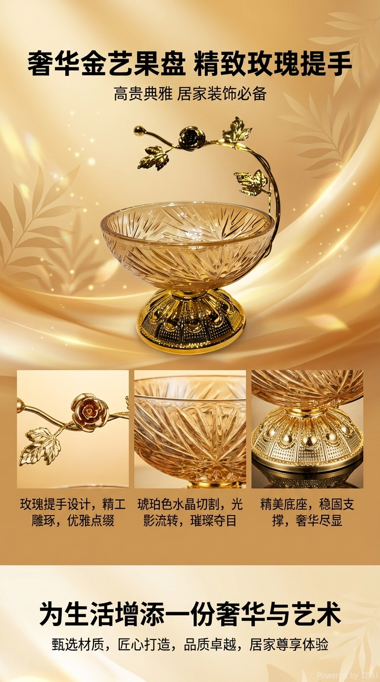 FA4935果盘，带玻璃果盘，金色果盘，巧克力盘，干果盘，蛋糕盘详情1