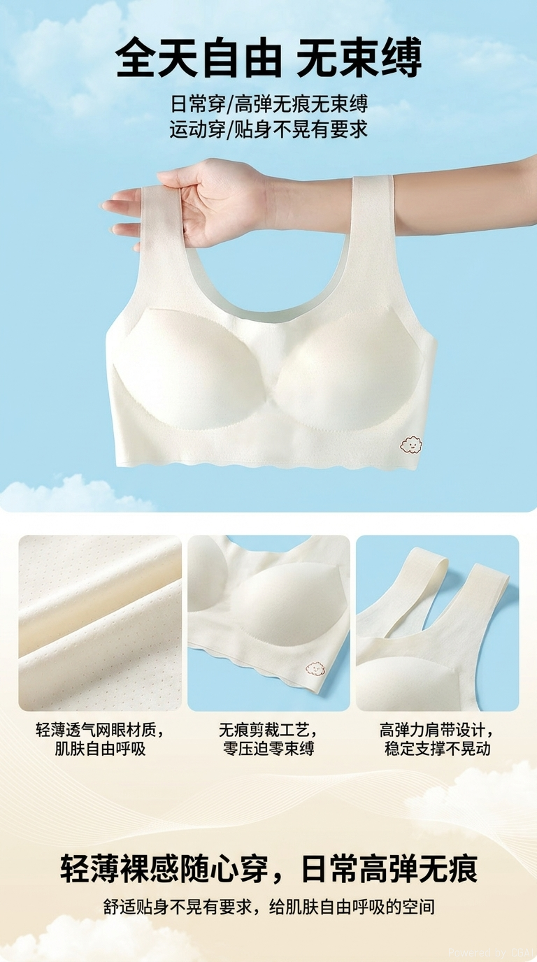 雅尔时爽少女点胶内衣无痕简约无钢圈全方位固定杯垫设计详情1