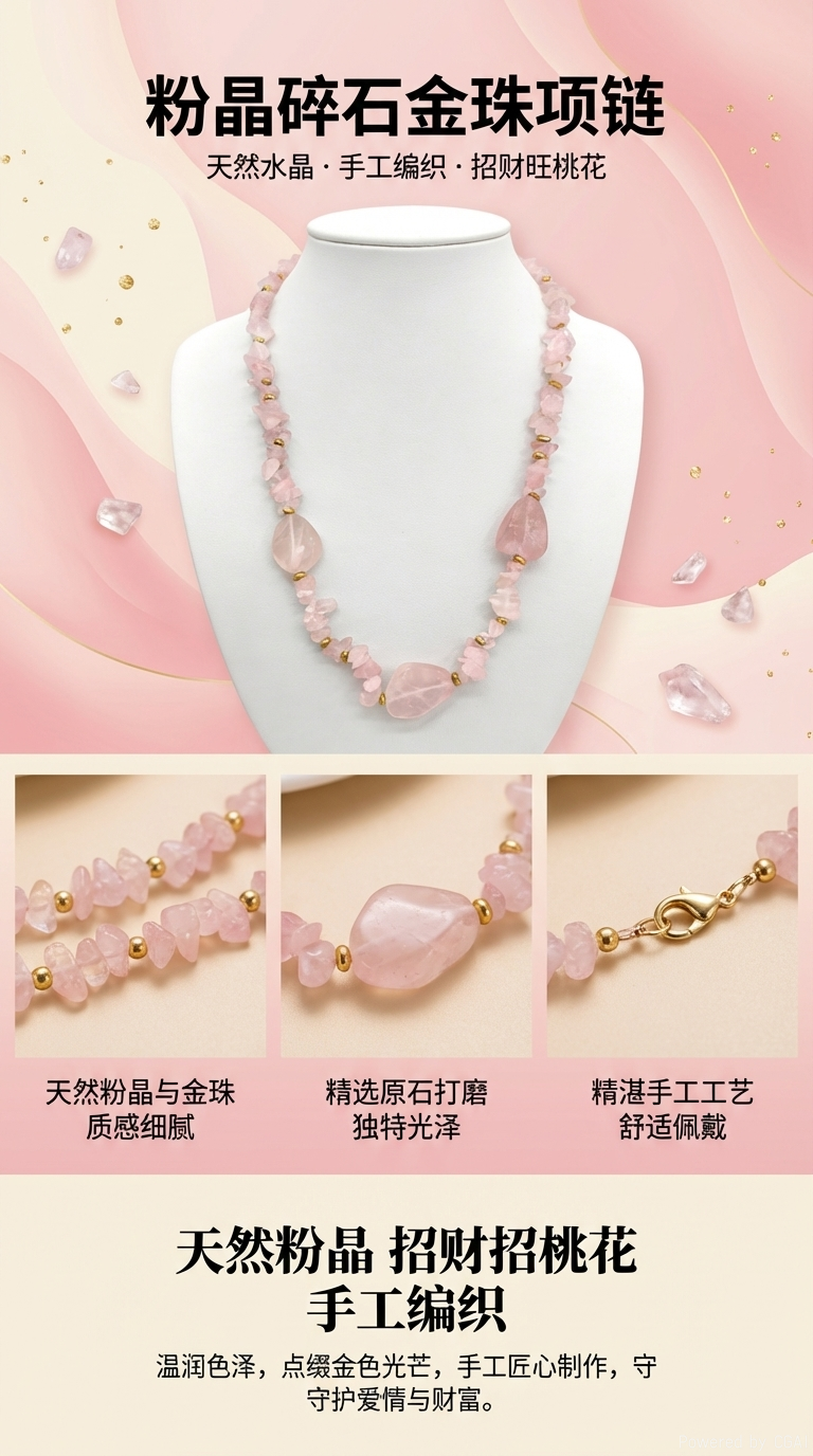 天然粉晶随形碎石项链 轻奢金珠锁骨链 大颗主石颈饰 手工串制保色工艺详情1
