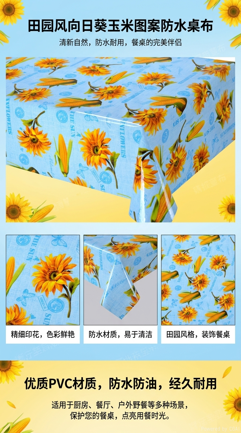 蓝色向日葵玉米图案桌布纯色透明pvc水晶桌垫桌布详情1