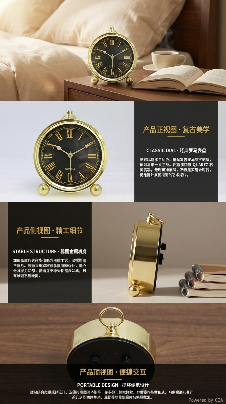 金属5.5寸吊钟罗马数字家饰卧室摆件静音创意礼品时尚简约热销欧美爆款闹钟详情2