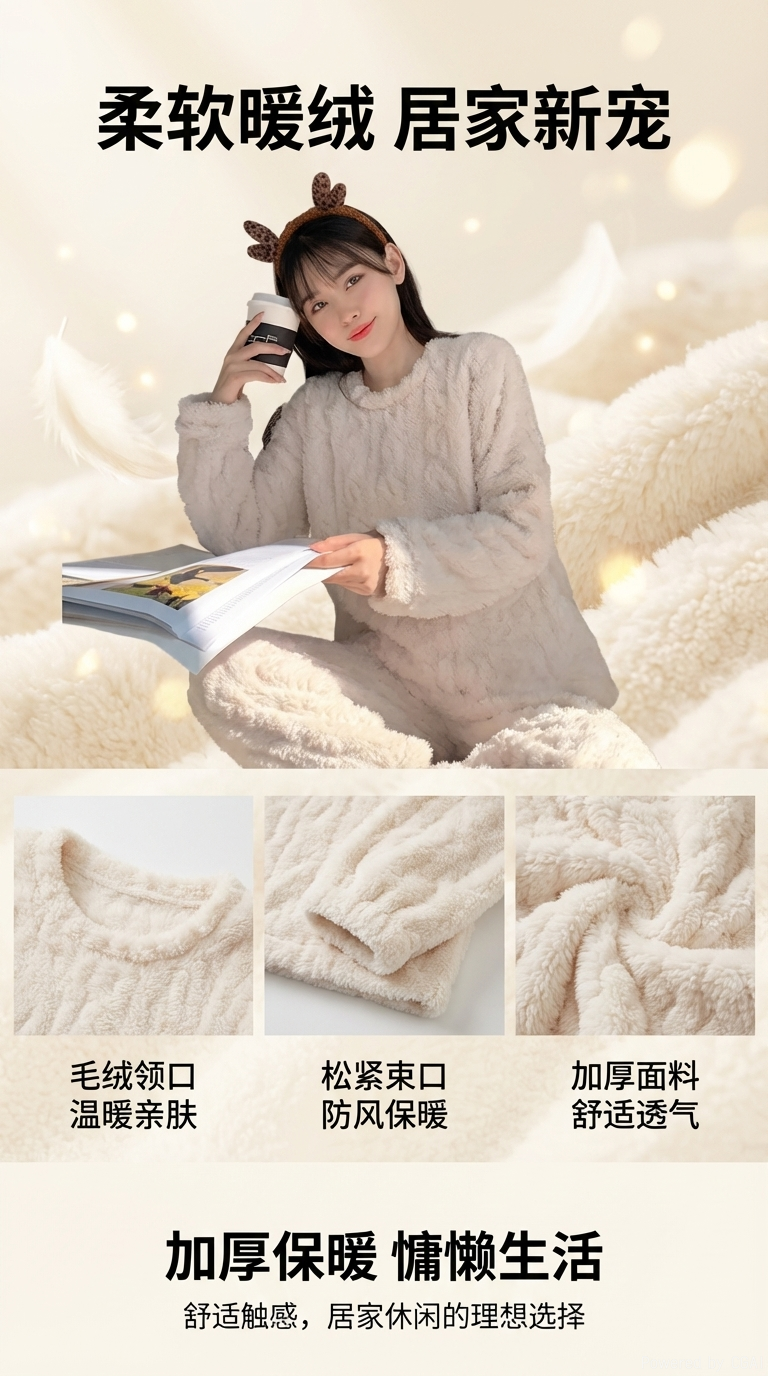 性感女士毛绒睡衣家居服套装女性保暖睡裤居家舒适慵懒风详情1