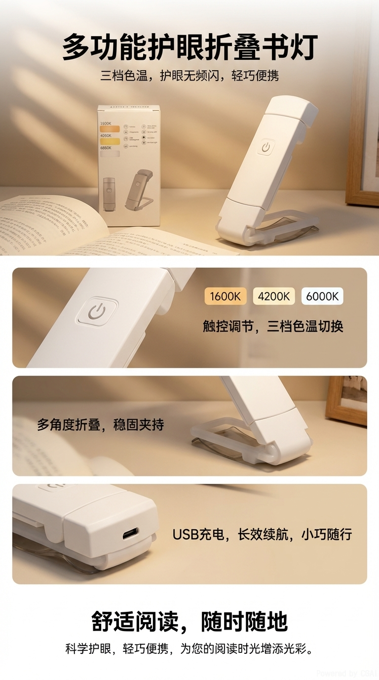 折叠阅读夹书灯USB便携台灯双色护眼LED可调光色阅读小夜灯详情1