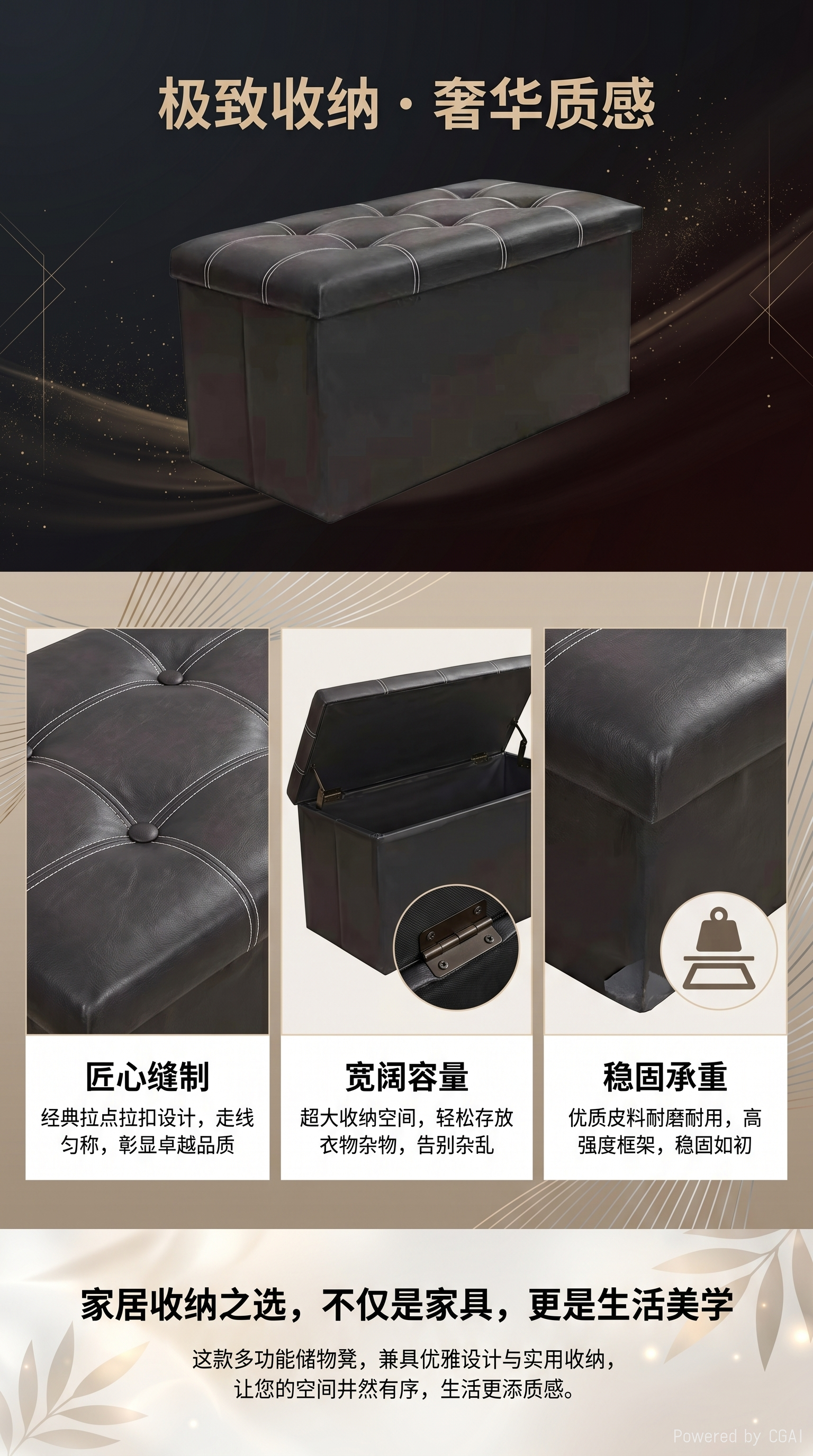 黑色皮革简约收纳凳储物凳换鞋凳沙发凳家居详情1