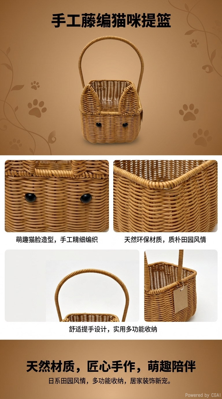 Imitación ratán tejido moe cat shaping cesta de almacenamiento cuadrada cesta de flores cesta de frutas cesta de pan para la entrega de alimentos cesta de almacenamiento de misceláneo cesta de regalo súper empaquetada cesta de regalo de mano de compañero gatito lindo cesta de asa fija pic 1