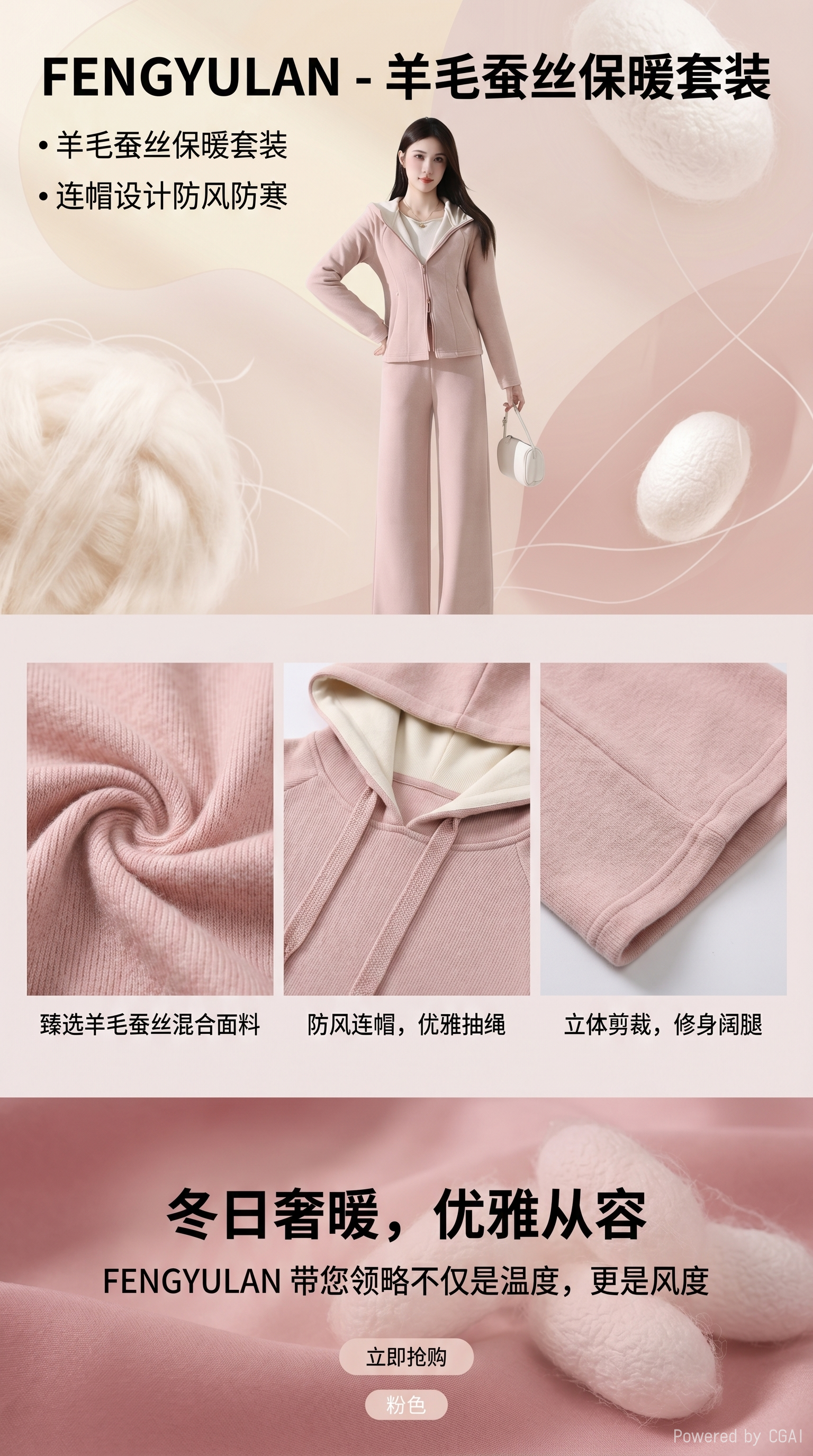 粉色羊毛蚕丝女保暖内衣套装保暖+模特保暖内衣详情1
