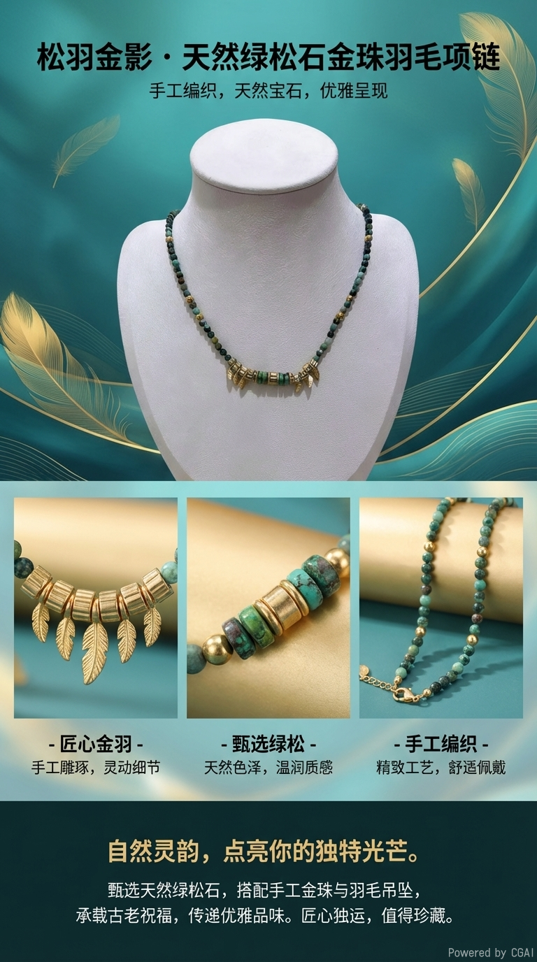 天然绿松石手工串珠项链 异域风设计感气质颈饰叶子吊坠复古个性锁骨链详情1