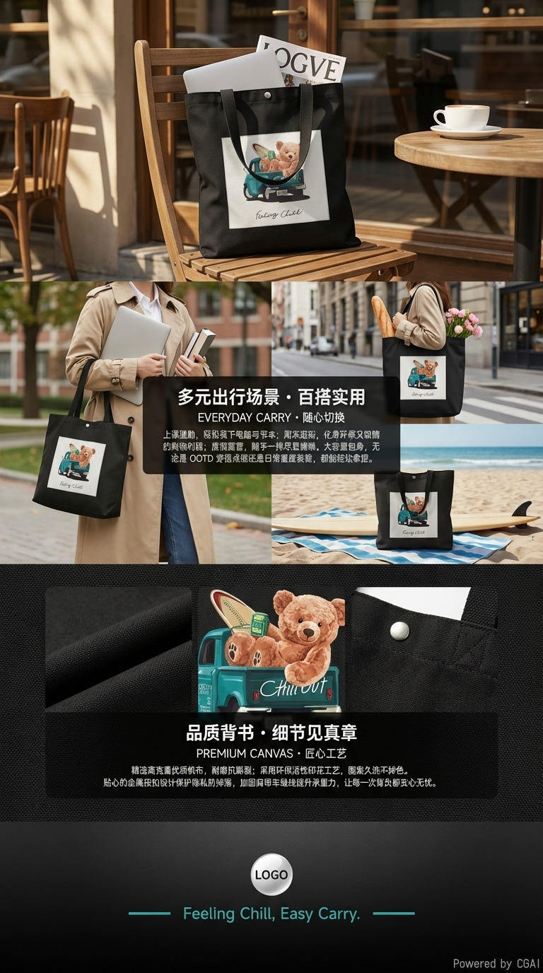 黑色条纹帆布包手提布包单肩女式大容量通勤包详情3