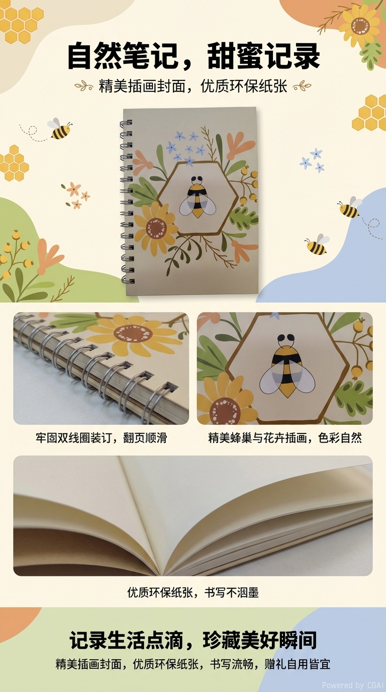 Donghu Paper Products A5 Fresh and Clean Bee and Flower Coil Notebook, Student Portable notebook, Artistic ins Style planner, Artistic Forest Style Notebook pic 1