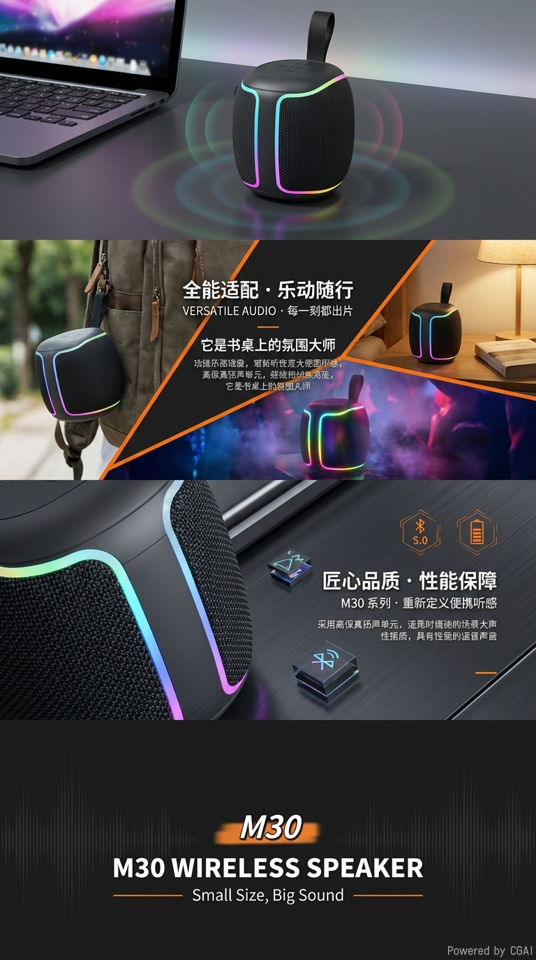 新款M30插卡防水包布便携无线蓝牙音响带收音时尚RGB灯光桌面登山徒步音响详情3
