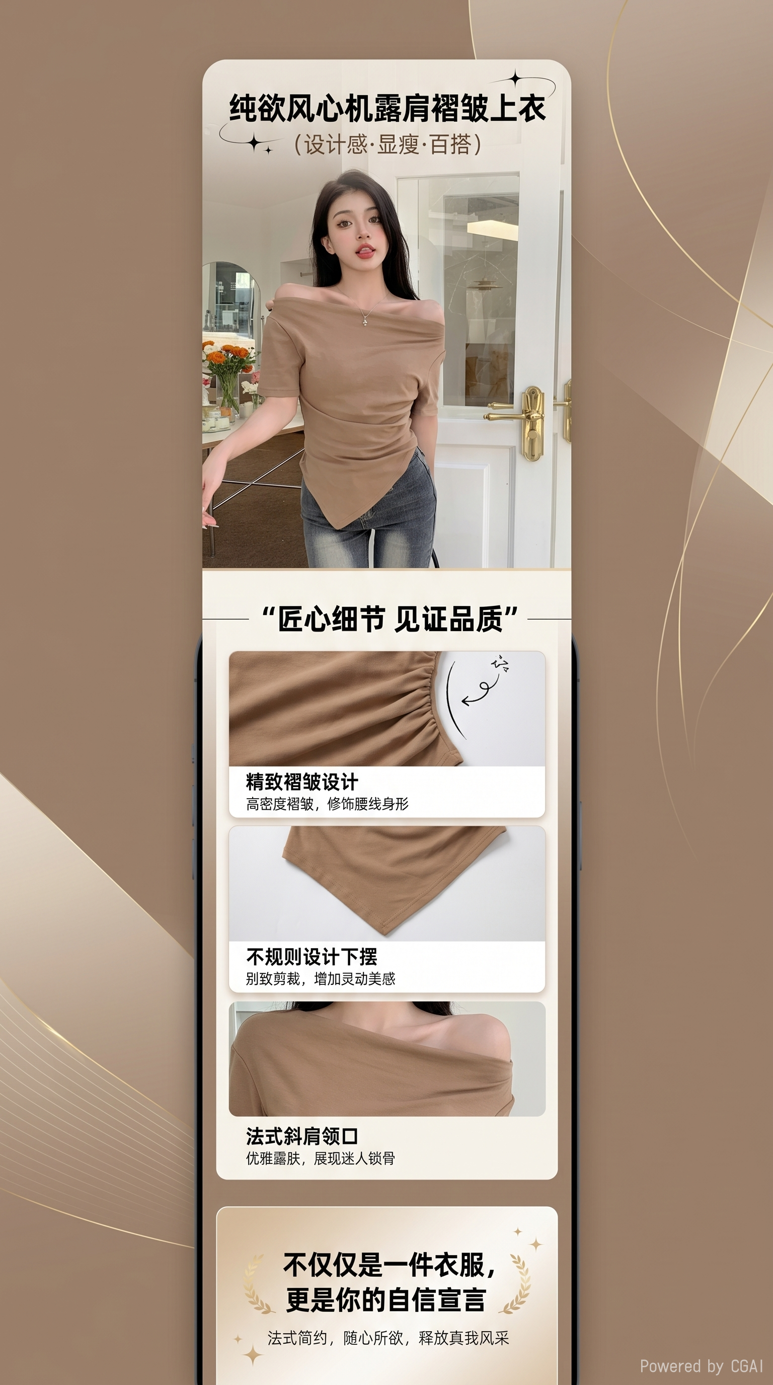 Alo女式韩系T恤打底衫女生夏季纯棉咖色修身上衣详情1