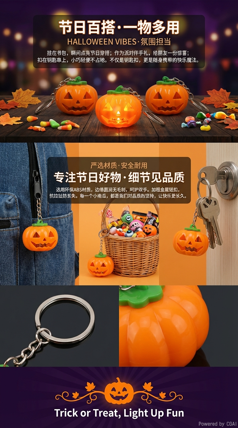 万圣节礼品南瓜灯创意礼品儿童背包配件LED发光钥匙扣挂件详情3