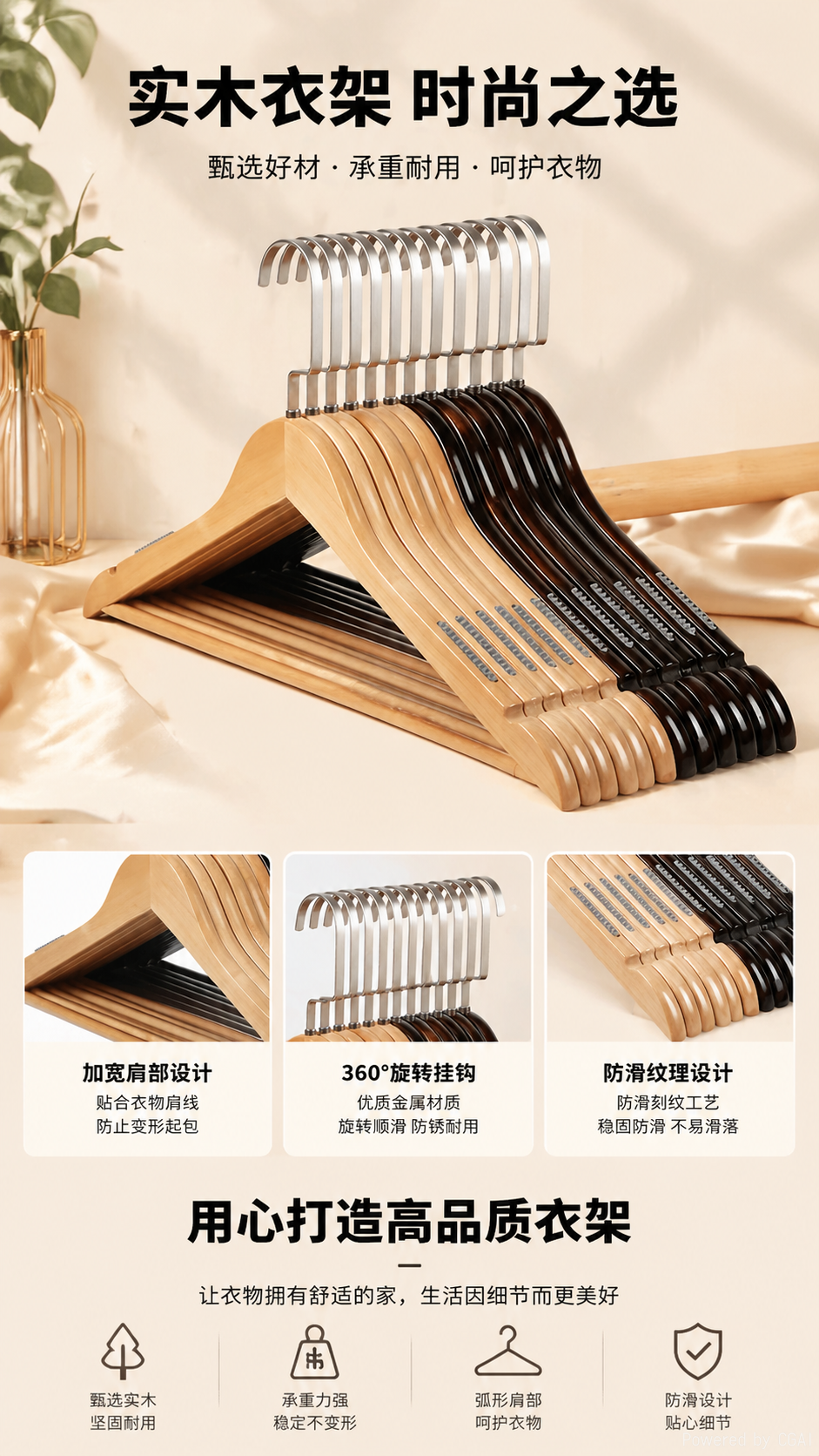 实木衣架裤架1.2cm厚复古本色齿条衣架本色衣架刻定制logo详情1