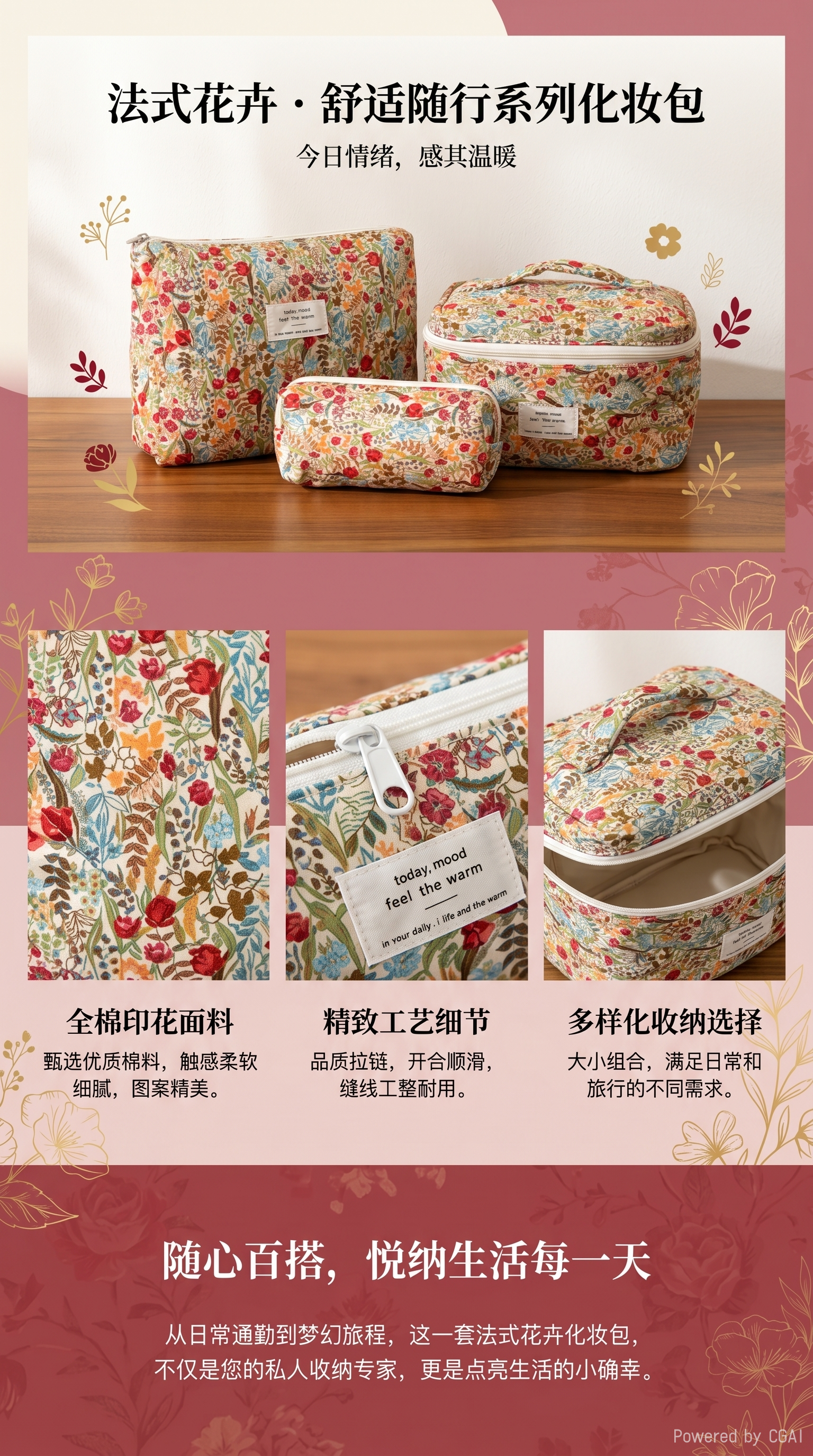 花卉图案布面压缩收纳袋购物袋尼龙数据线整理袋详情1