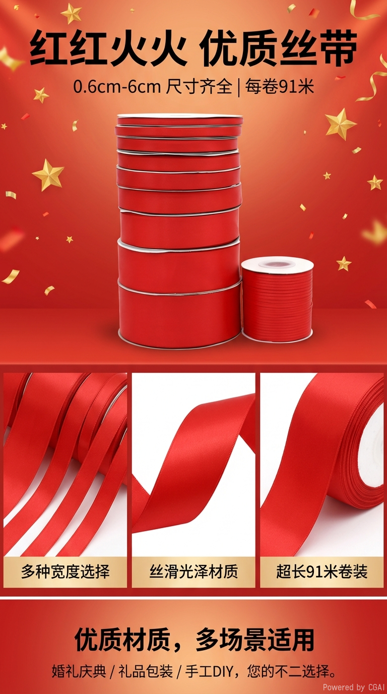 Red ribbon ribbon roll decorative items, wedding handicrafts, festival handicrafts, DIY decorative items, long rolls pic 1