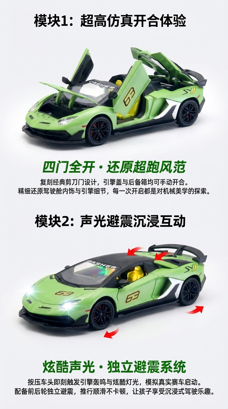 开窗盒声光1:24兰博基尼SVJ四开门合金车敞篷模型车玩具详情2