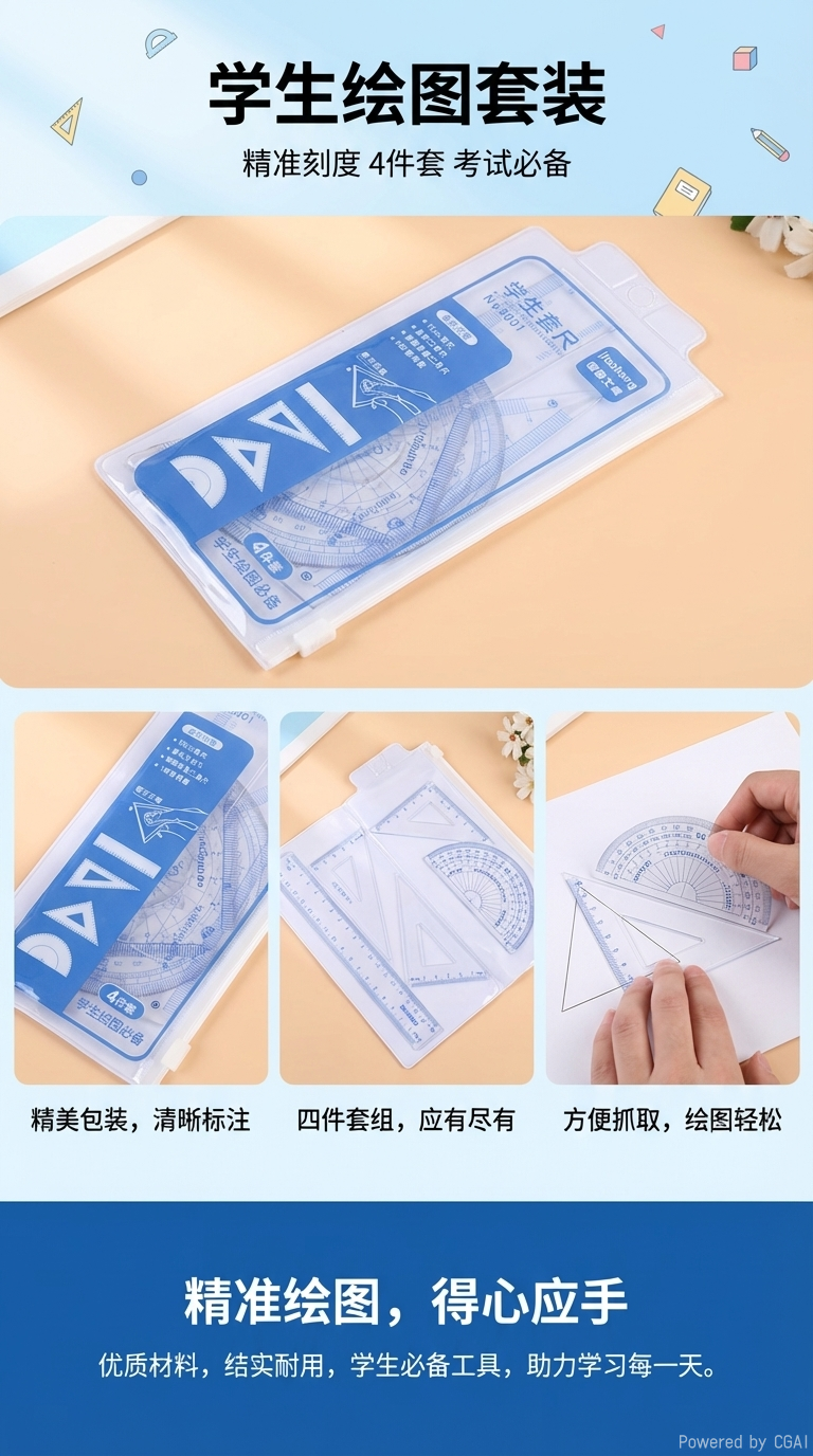 学生绘图文具4件套三角板透明直尺量角器套尺详情1