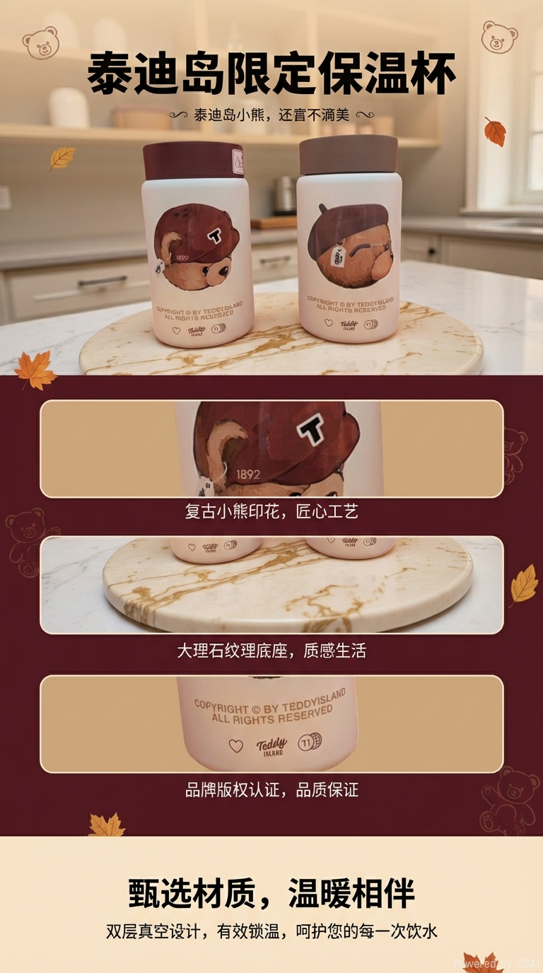 泰迪爱兰保温杯316不锈钢可爱小熊图案保温316不锈钢杯  详情1