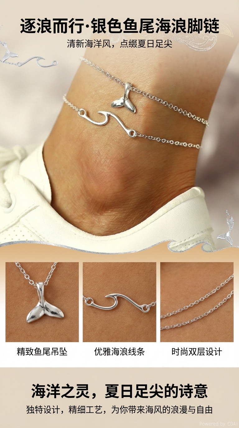 跨境欧美时尚流行 波西米亚海浪鱼尾度假风脚链 女士沙滩双层 脚链详情1