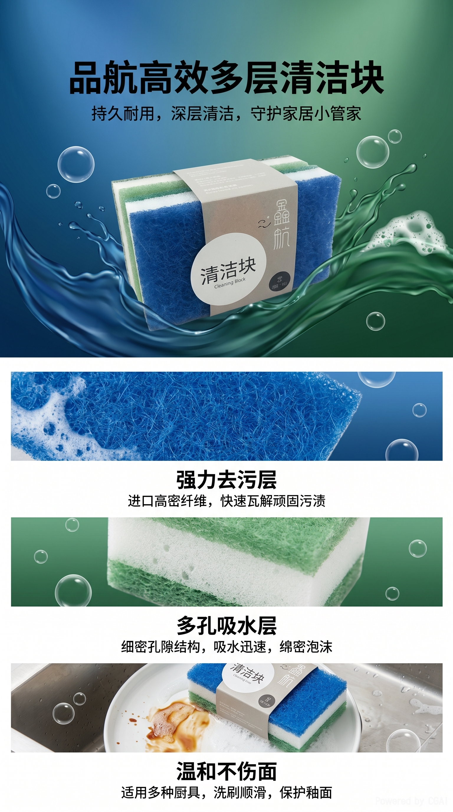 鑫航清洁块洗碗海绵擦百洁布三层复合丝瓜棉0729091048608详情1
