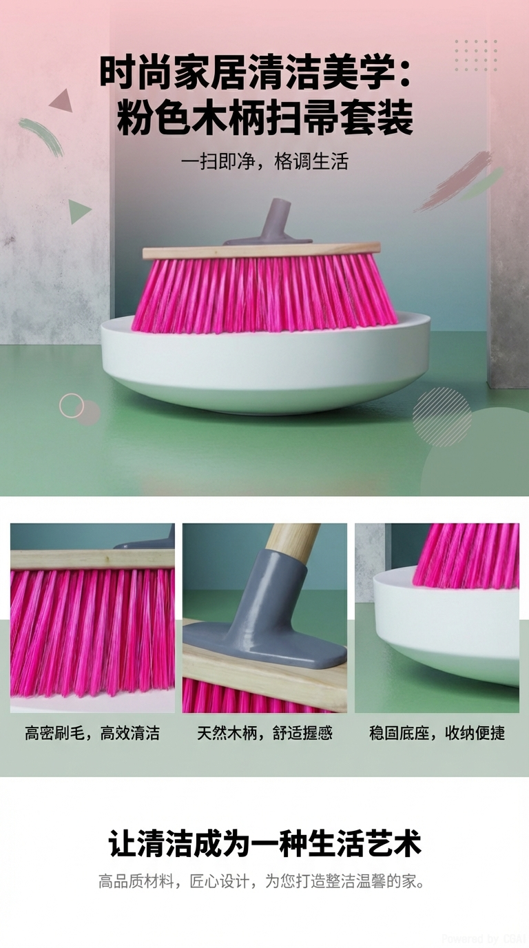 Pink bristle magic broom, wooden broom, practical and beautiful, household cleaning tool, lightweight and durable, multi-functional cleaning broom wholesale pic 1