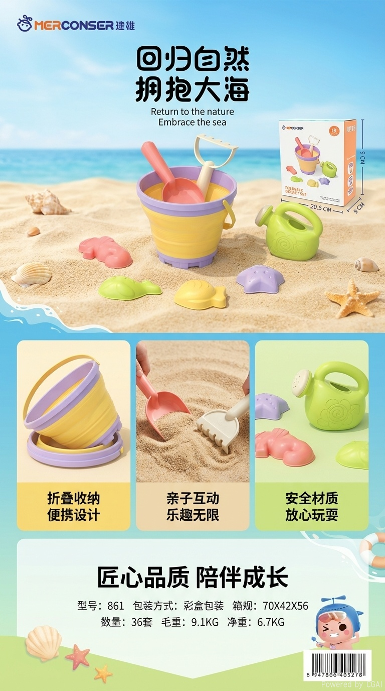 儿童沙滩玩具套装折叠水桶铲子模具洒水壶玩沙戏水沙滩玩具详情1