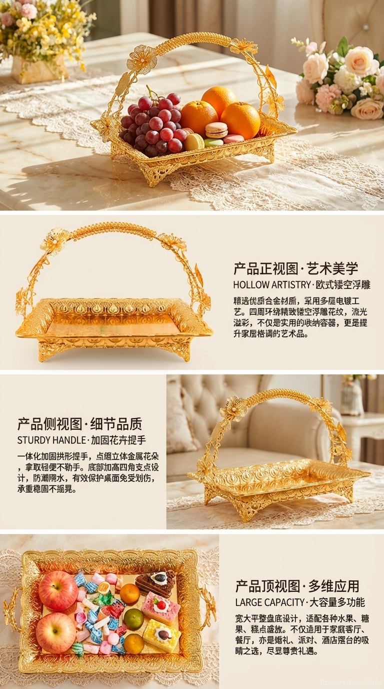 The main body of the golden decorative tray is a simple and modern home decoration item storage plate. It is a household decoration pic 2