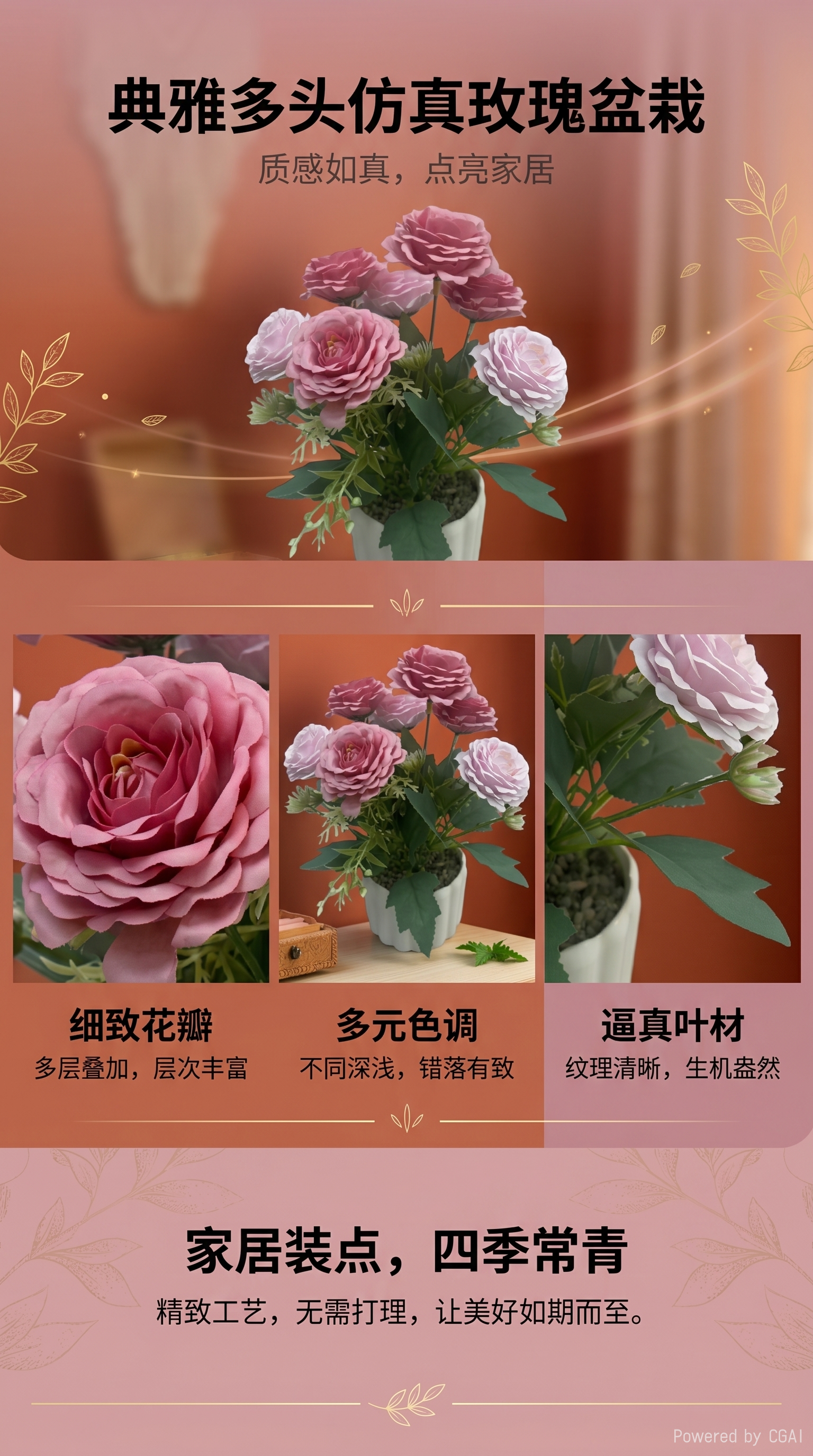 仿真摆设手工玫瑰盆景装饰客厅卧室橱窗户外桌面摆件详情1