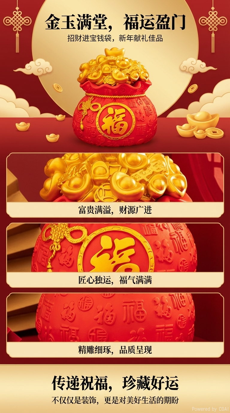 国潮红色福袋金元宝紫晶洞招财纳福摆件家居装饰存钱罐详情1