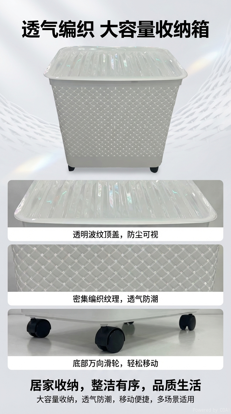 日式带轮带盖脏衣篮 仿编织纹大容量收纳筐 家用衣物玩具整理箱收纳箱床底收纳箱批发详情1