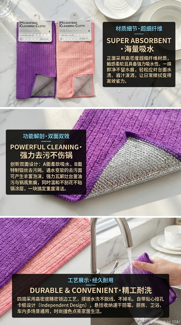 厨房清洁抹布一面银丝一面百洁布双面双用去油污银丝洗碗布详情2