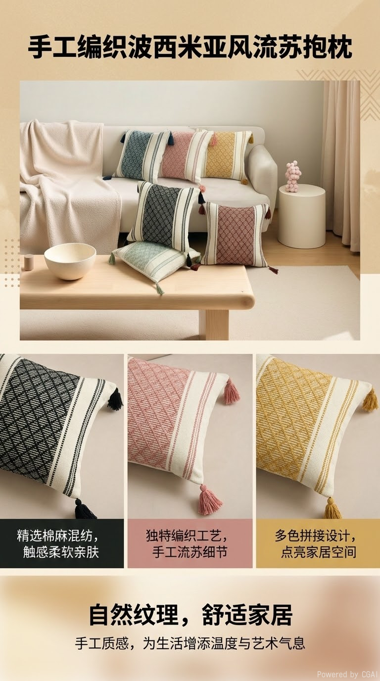 跨境亚马逊波西米亚流苏棉线编织抱枕套客厅沙发样板 房靠枕芯详情1