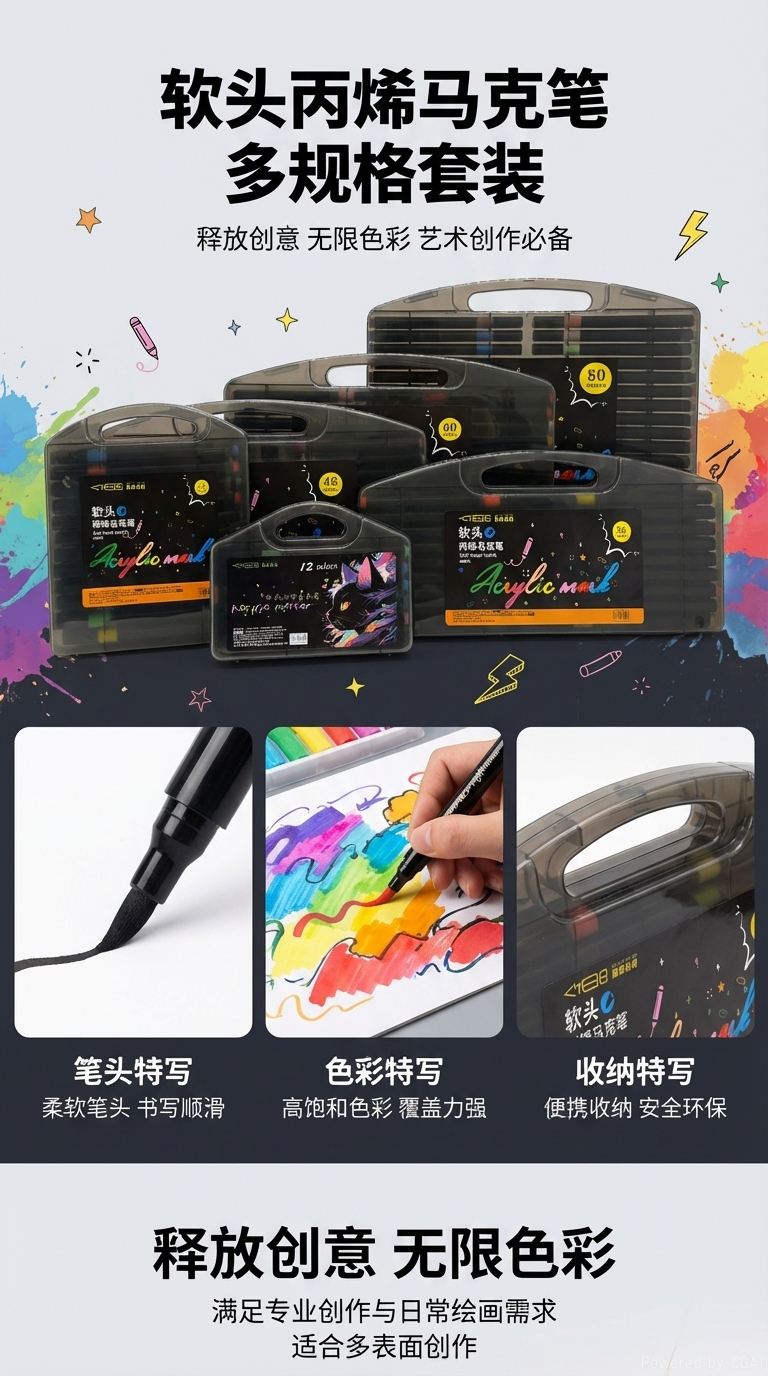 彩色马克笔套装软头丙烯马克笔12色马克笔绘画工具详情1