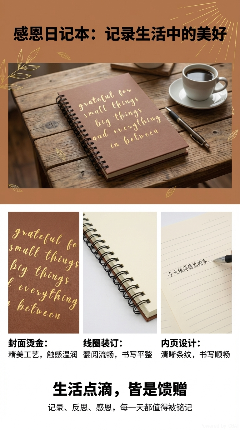 Donghu Paper Products A5 Retro Caramel-colored Gratitude Quote Coil Notebook, Artistic Ins-style notebook, student portable notebook pic 1