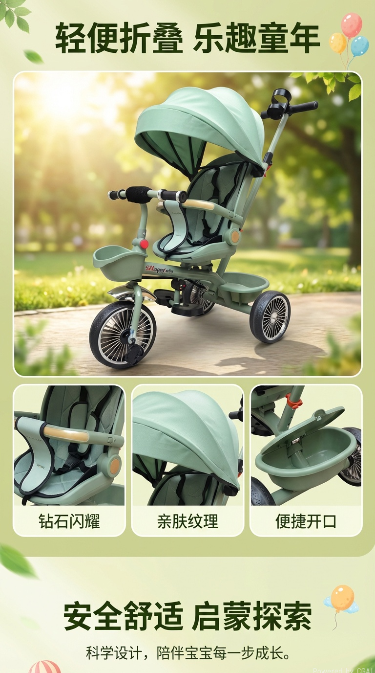 BBKU儿童三轮车绿色款儿童脚蹬推车飘移飞机造型遥控玩具车可坐人大型玩具车详情1